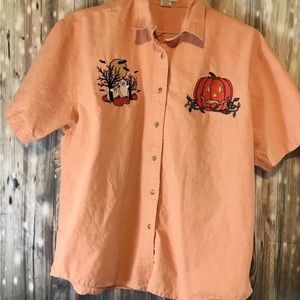 Crystal Springs Womens Sherbert Orange Halloween Button Up Top Size L